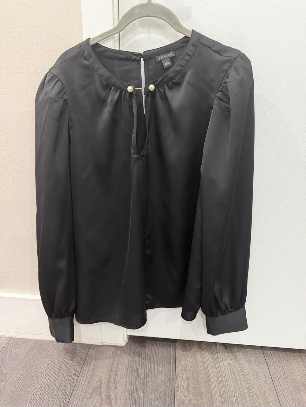 Ann Taylor Black Satin Long Sleeve Blouse with Pearl Accent NWOT